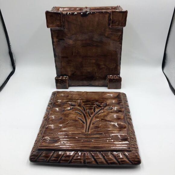 Vintage Mid Century 1970s Pottery Ceramic Brown Square Box With Lid Wood Look - Picture 11 of 13